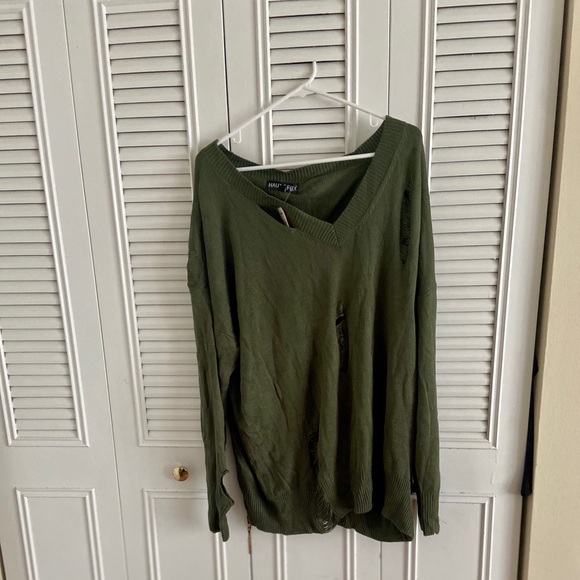 Ripped olive v neck sweater - Picture 1 of 9